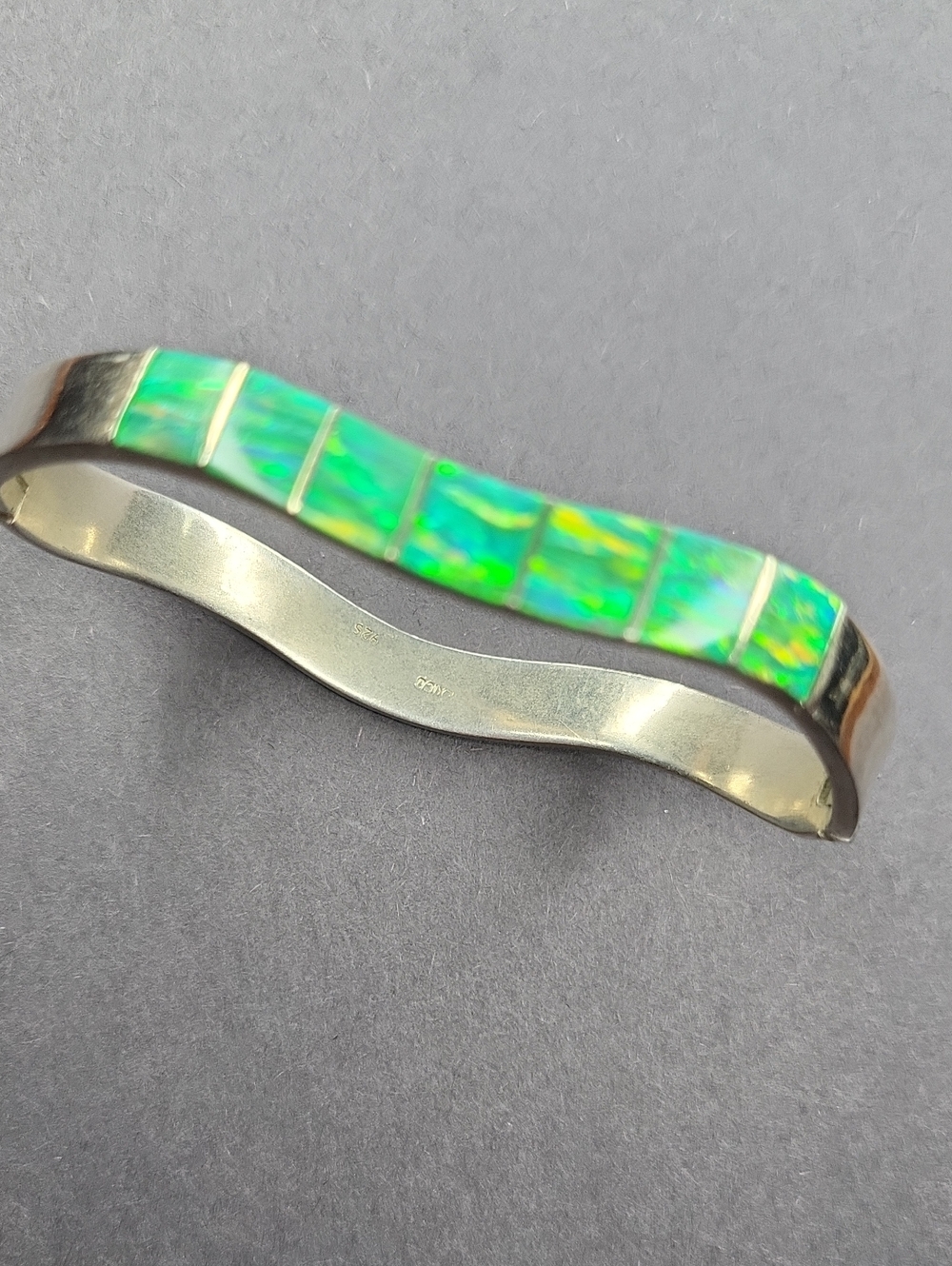 Sterling Silver Green Opal Wave Inlay Bracelet